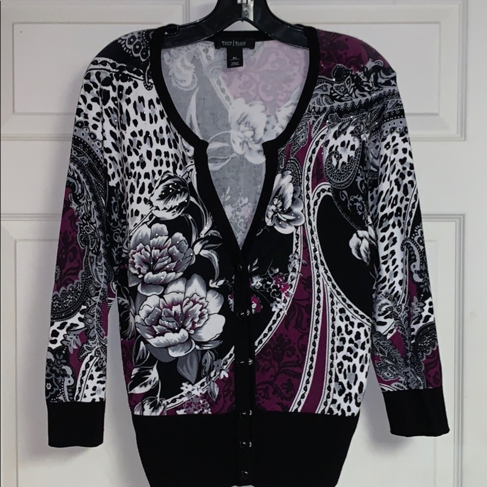 White House Black Market Black, White & Purple Floral Paisley Cardigan
